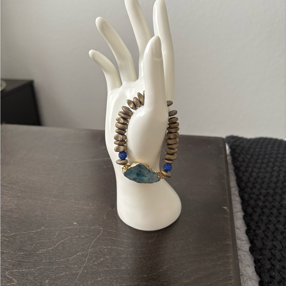 Blue and Gold Beaded Bracelet with Turquoise Focal Stone